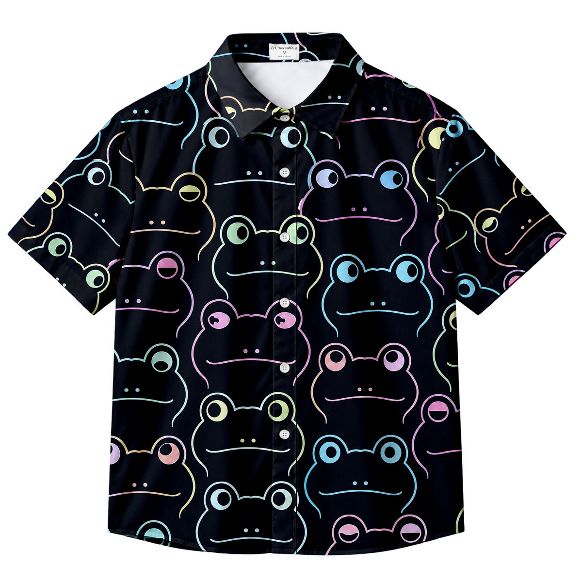 Men’s Black Neon Frog Pattern Short Sleeve Button-Up Shirt