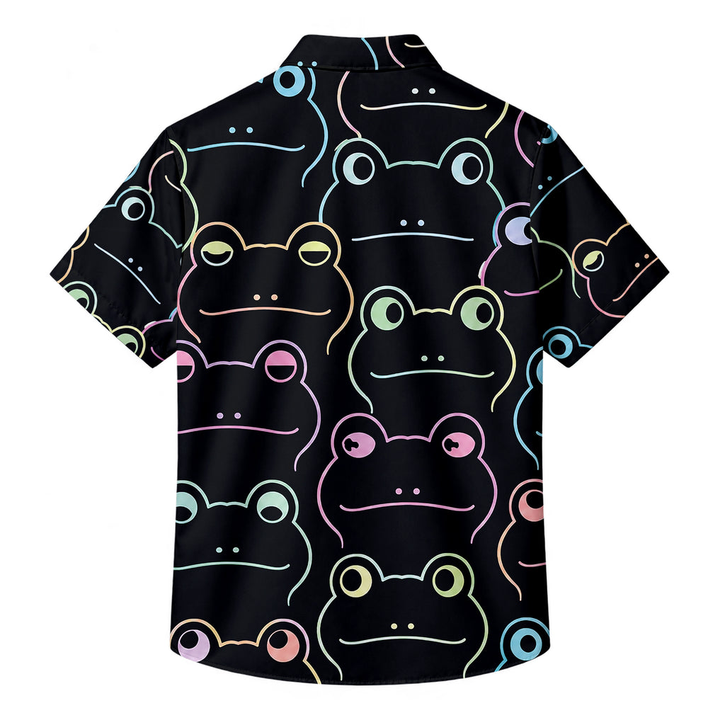 Men’s Black Neon Frog Pattern Short Sleeve Button-Up Shirt