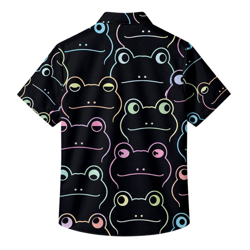 Black Neon Frog Pattern Short Sleeve Button-Up Shirt