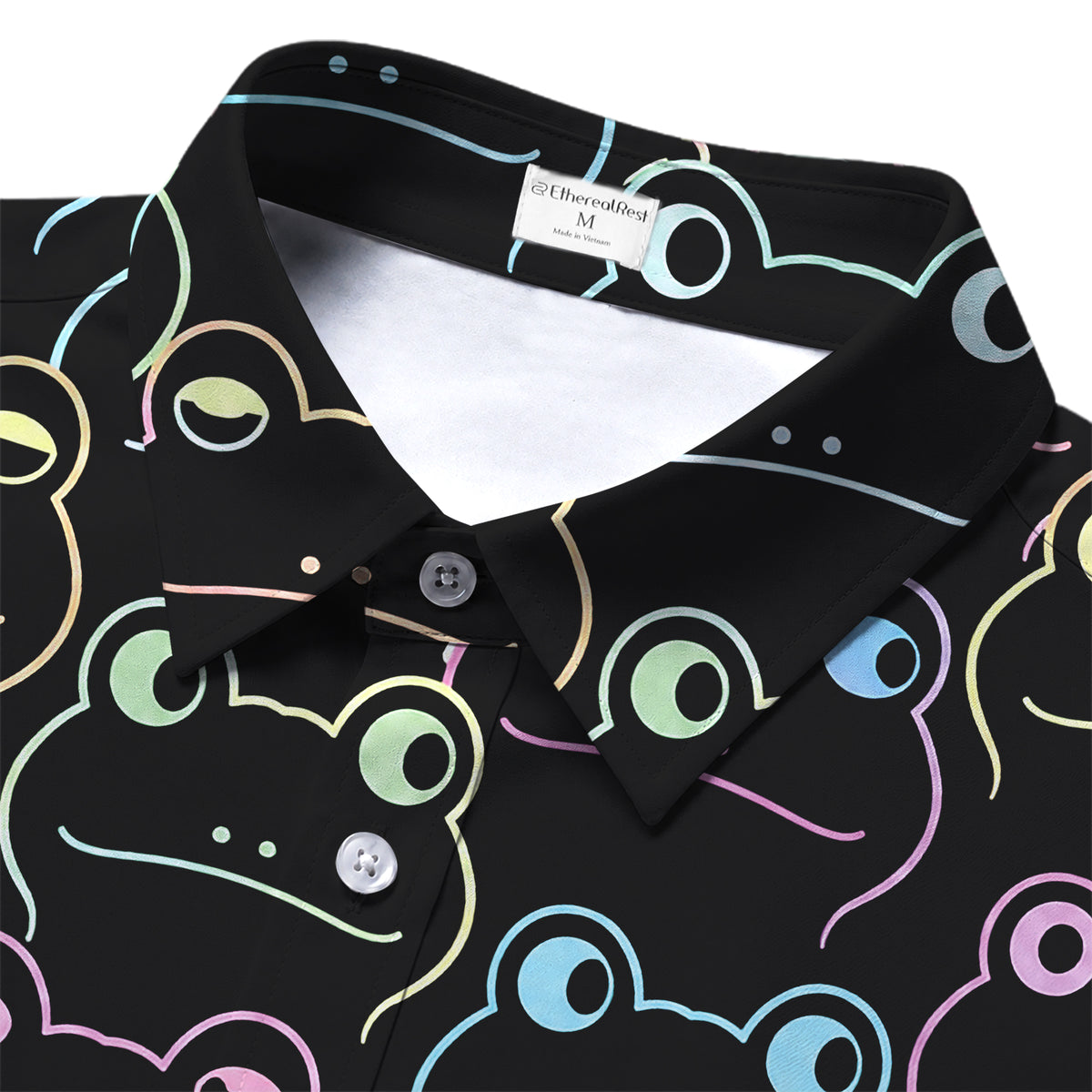 Men’s Black Neon Frog Pattern Short Sleeve Button-Up Shirt
