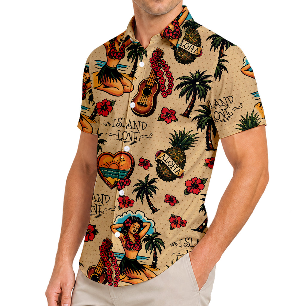 Men’s Beige Aloha Island Tropical Short Sleeve Button-Up Shirt