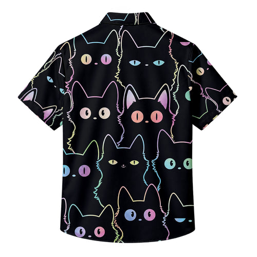 Black Neon Cat Pattern Short Sleeve Button-Up Shirt