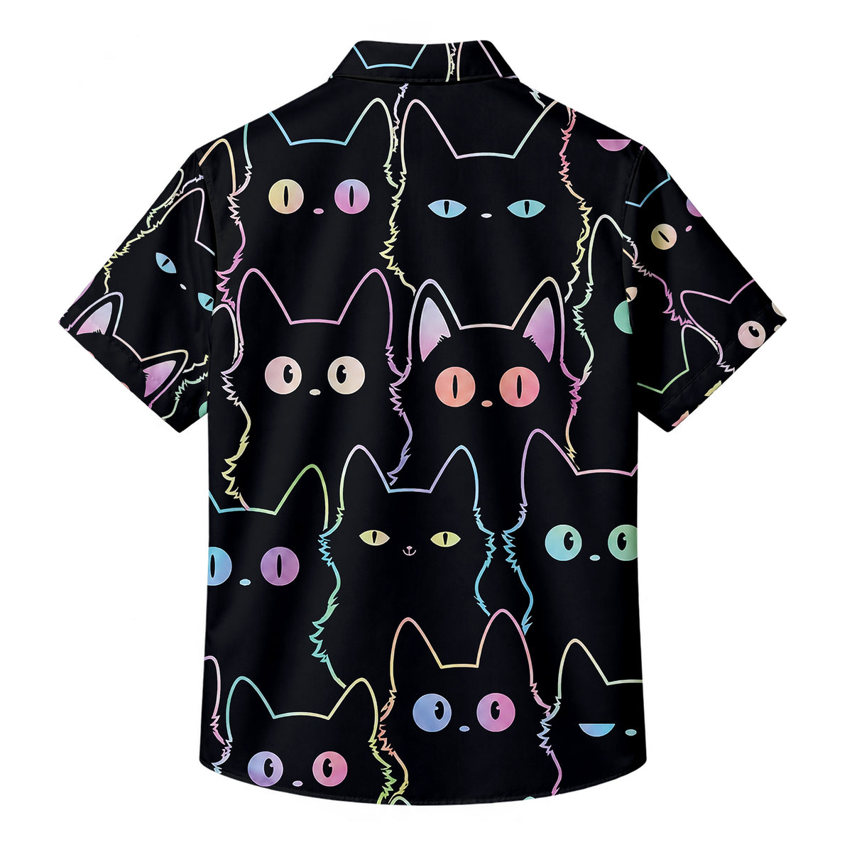 Men’s Black Neon Cat Pattern Short Sleeve Button-Up Shirt
