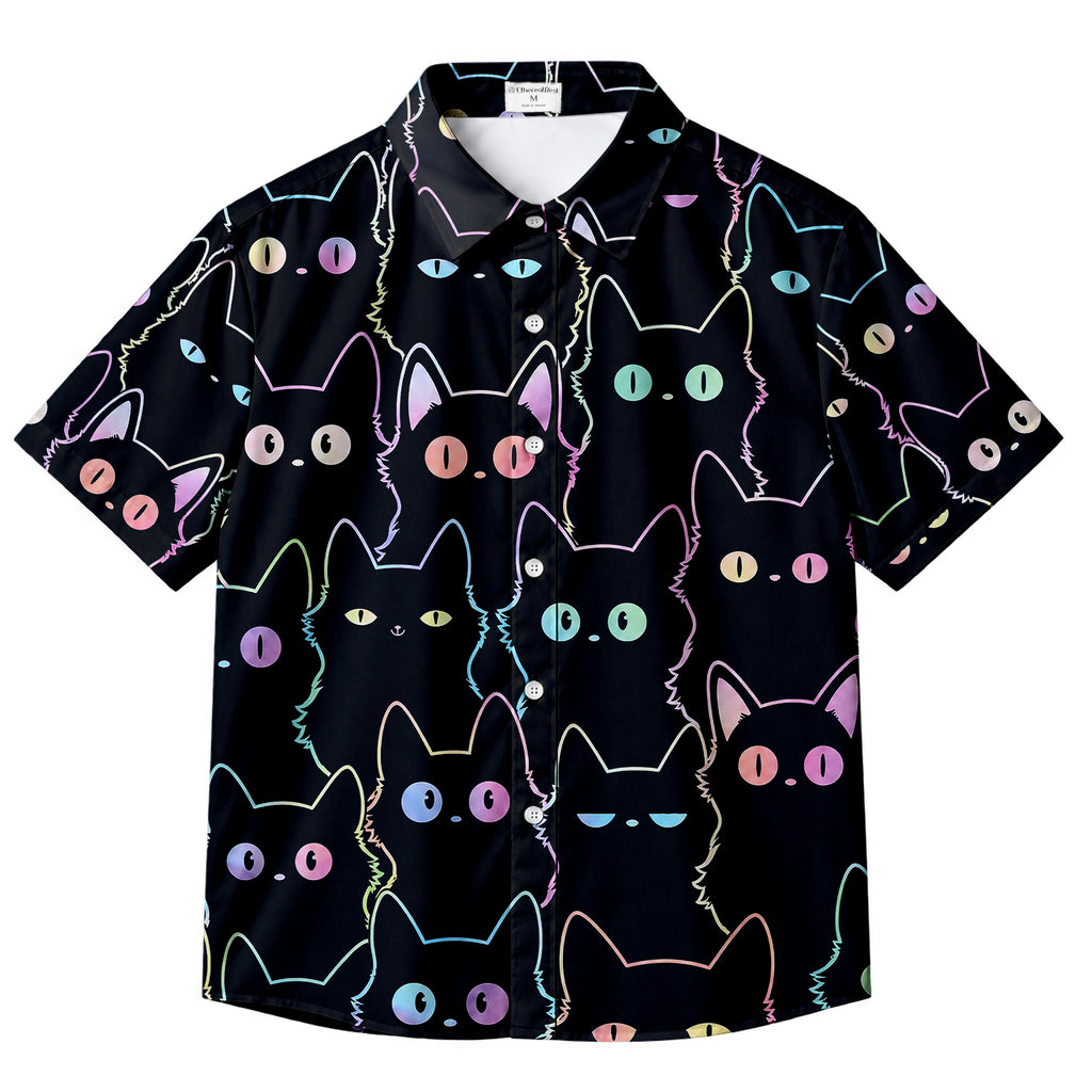 Men’s Black Neon Cat Pattern Short Sleeve Button-Up Shirt
