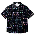 Men’s Black Neon Cat Pattern Short Sleeve Button-Up Shirt