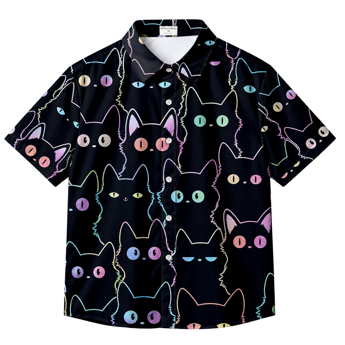 Men’s Black Neon Cat Pattern Short Sleeve Button-Up Shirt