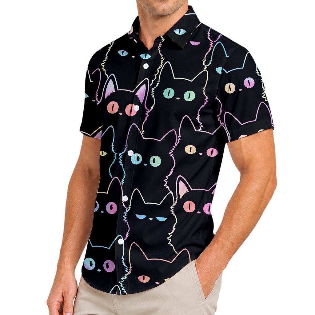 Men’s Black Neon Cat Pattern Short Sleeve Button-Up Shirt