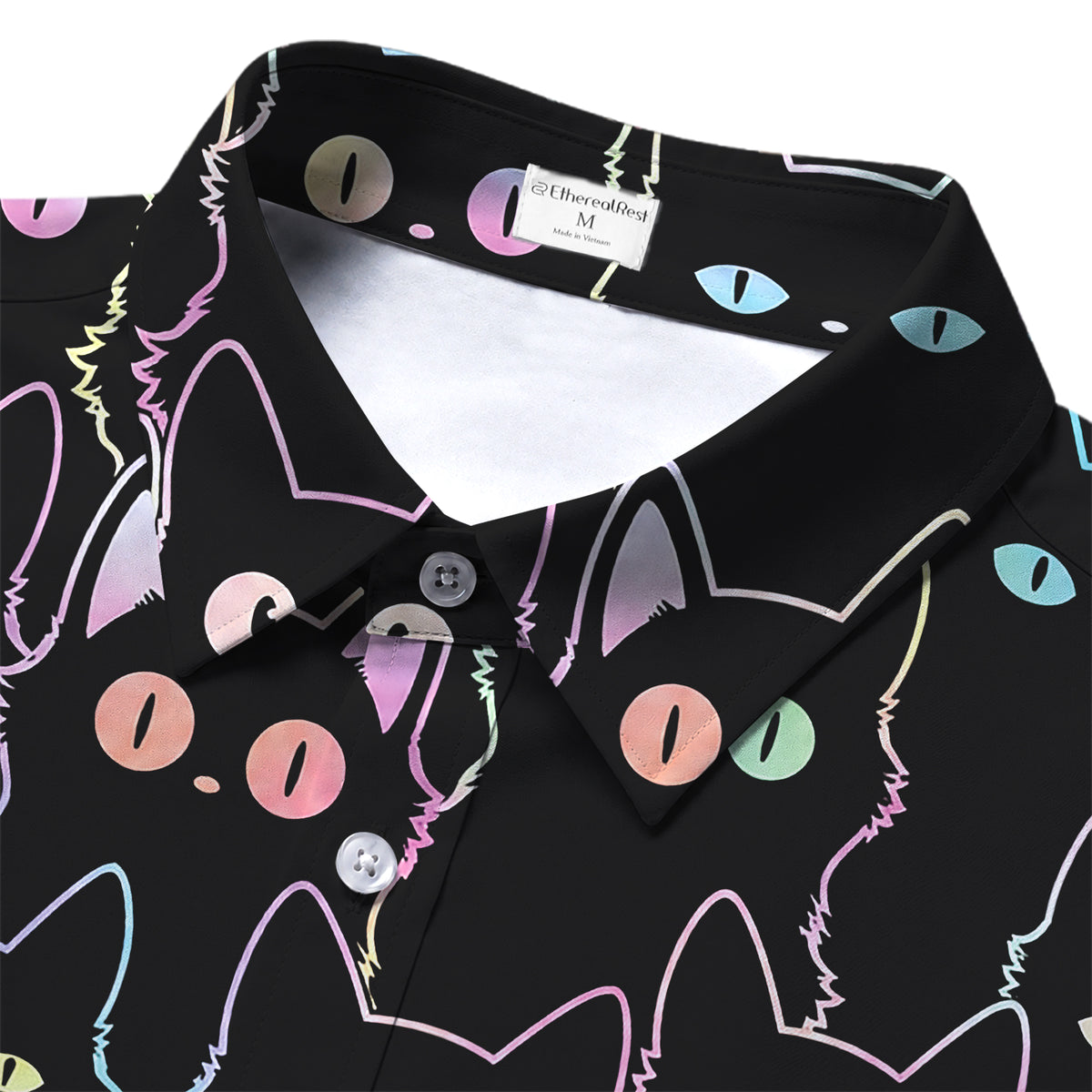 Men’s Black Neon Cat Pattern Short Sleeve Button-Up Shirt