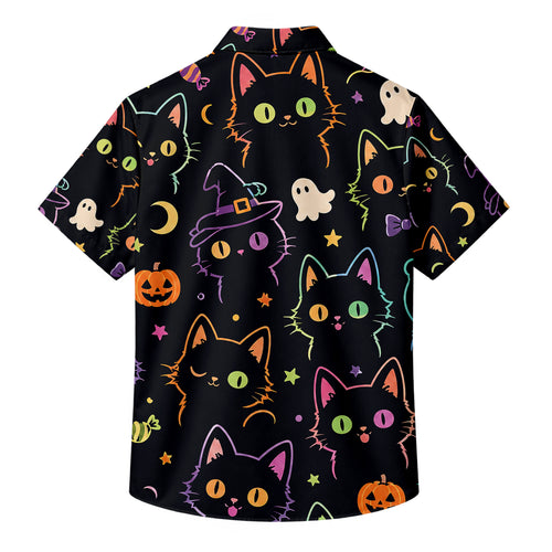 Black Neon Halloween Cat Ghost Short Sleeve Button-Up Shirt