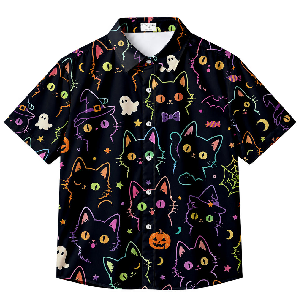 Men’s Black Neon Halloween Cat Ghost Short Sleeve Button-Up Shirt