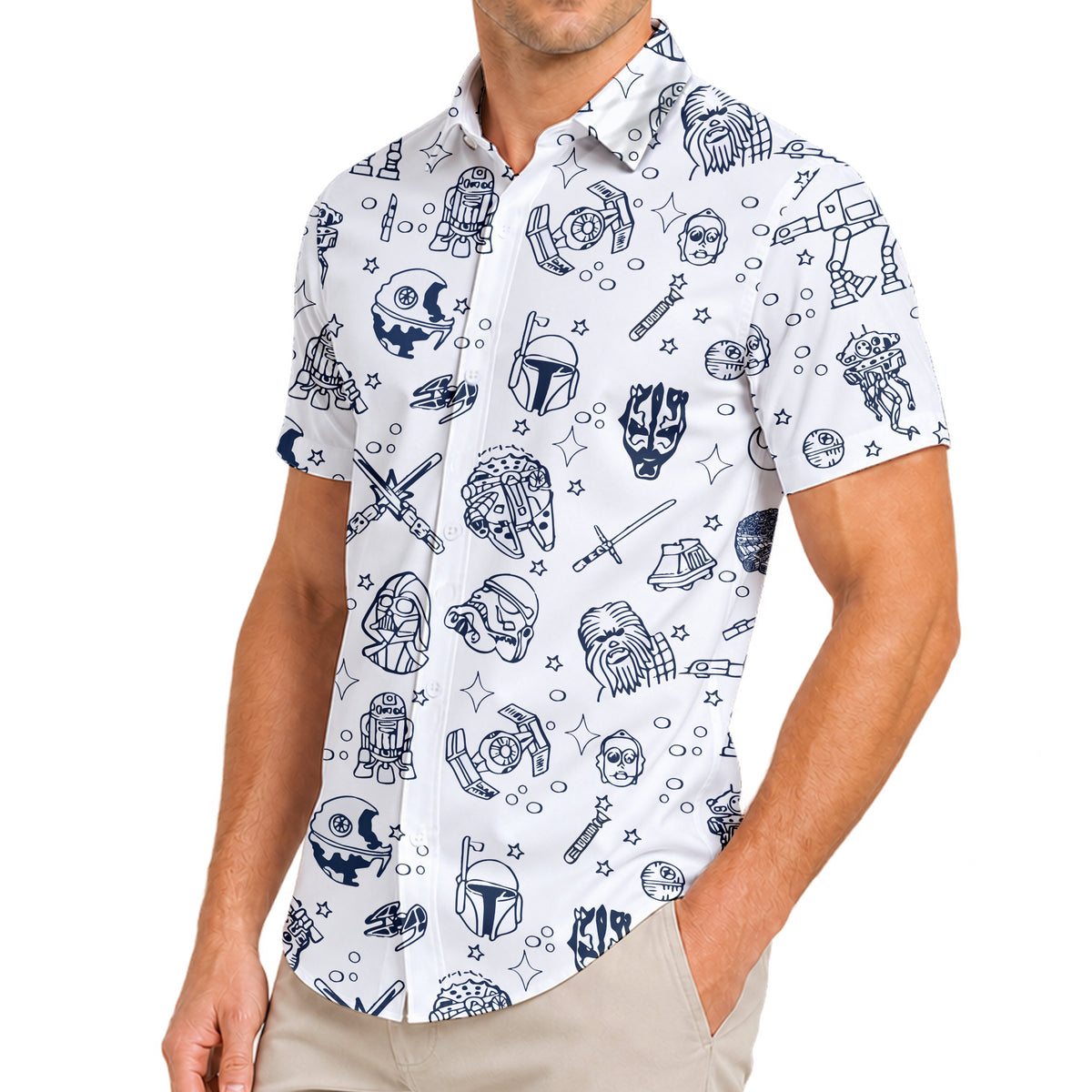 Men’s White Star Wars Character Doodle Short Sleeve Button-Up Shirt