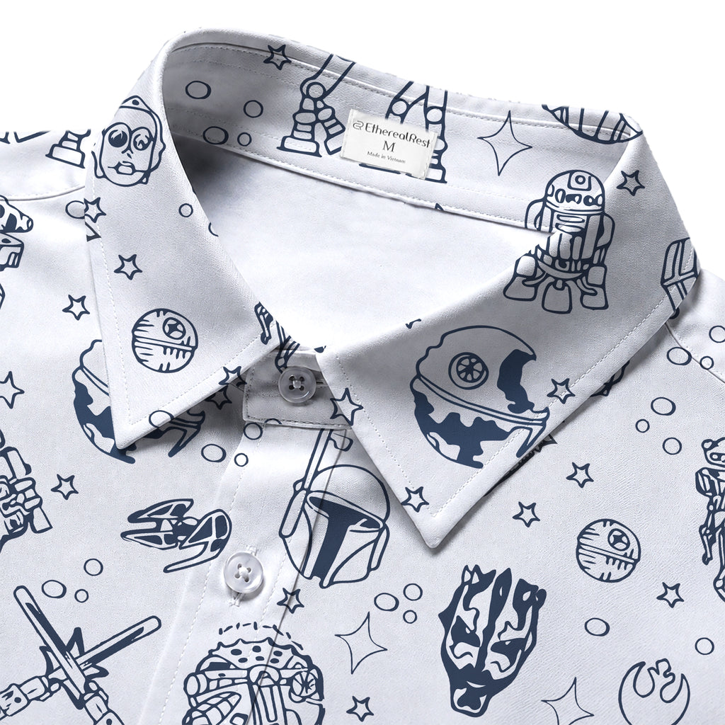 Men’s White Star Wars Character Doodle Short Sleeve Button-Up Shirt