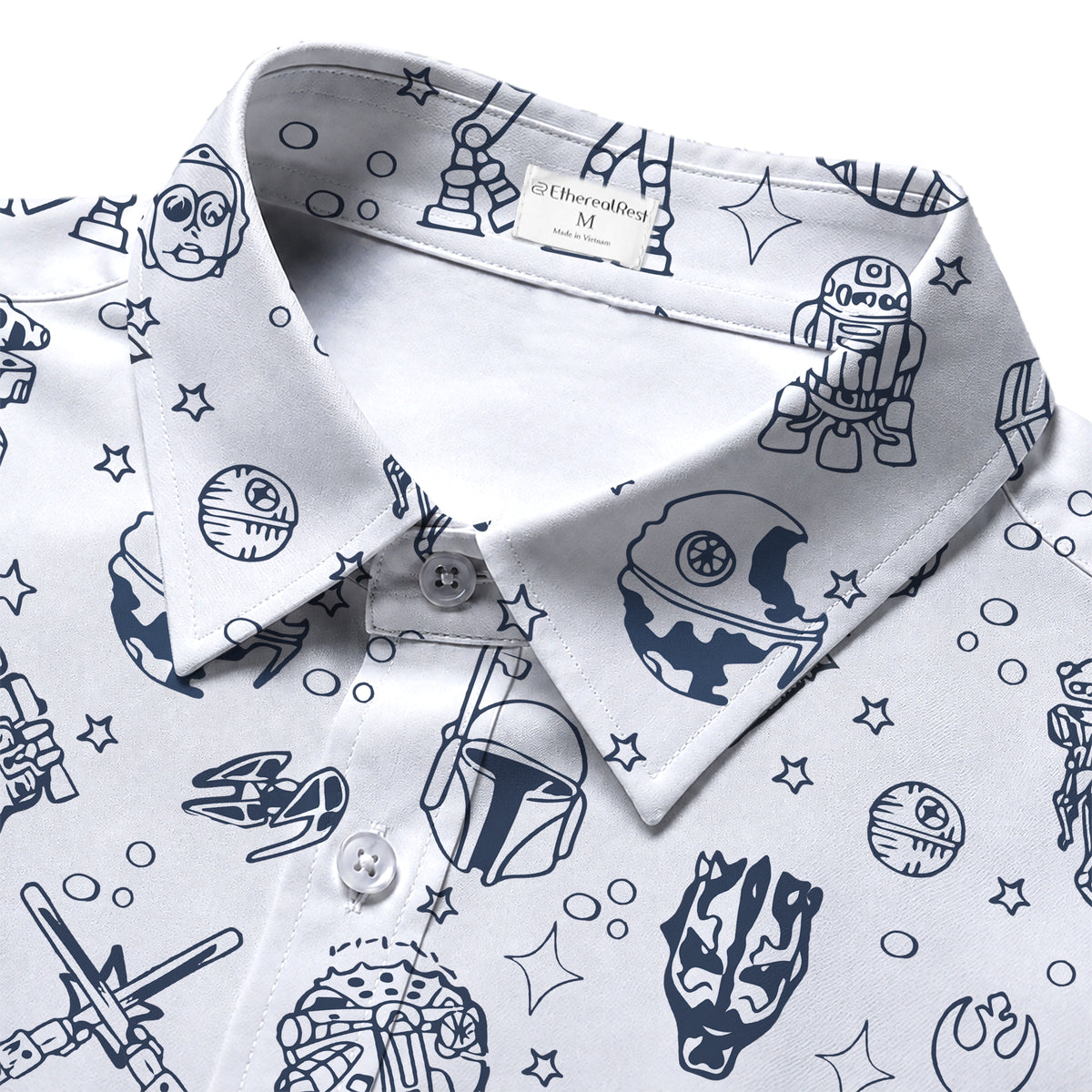 Men’s White Star Wars Character Doodle Short Sleeve Button-Up Shirt