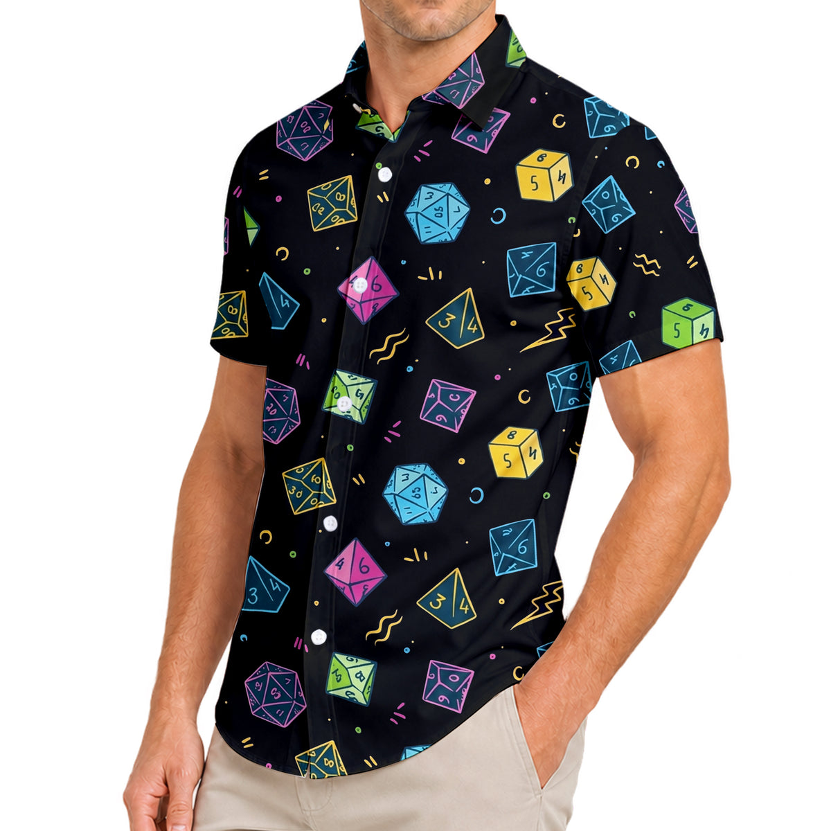 Men’s Black Multicolor Polyhedral Dice Short Sleeve Button-Up Shirt
