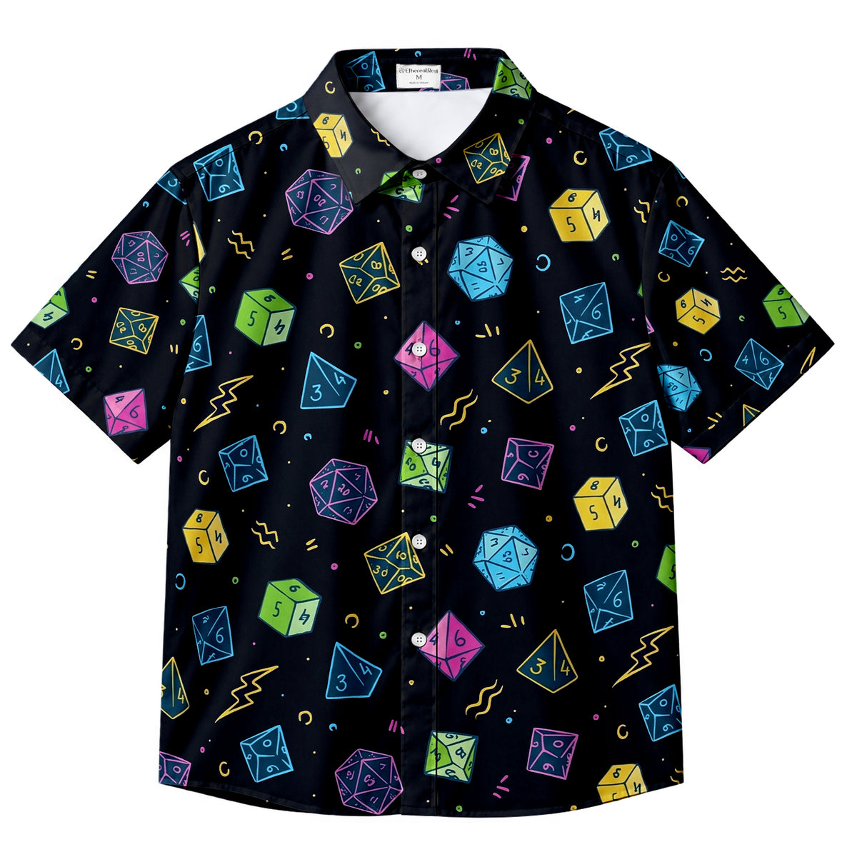 Men’s Black Multicolor Polyhedral Dice Short Sleeve Button-Up Shirt