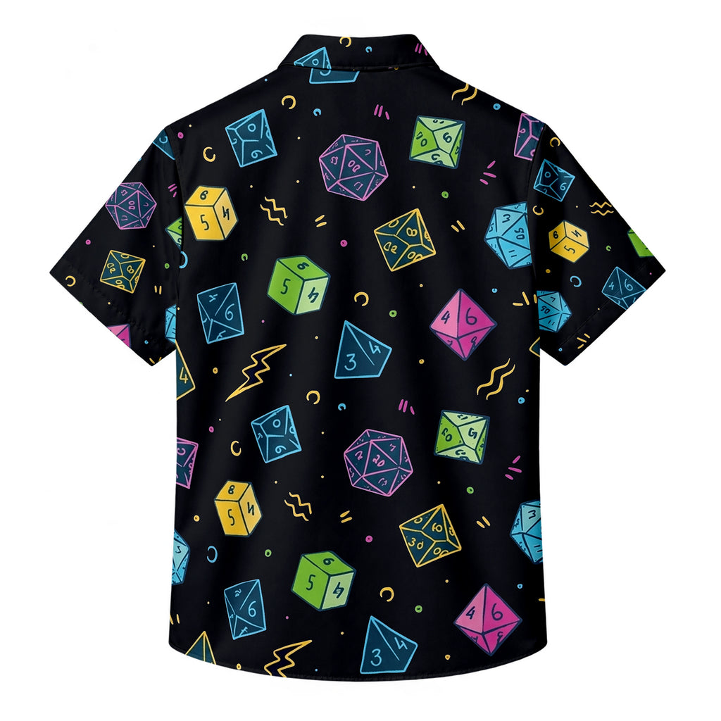 Men’s Black Multicolor Polyhedral Dice Short Sleeve Button-Up Shirt