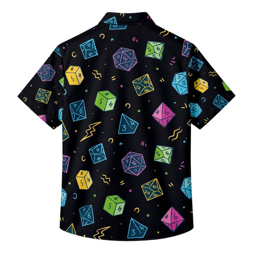 Black Multicolor Polyhedral Dice Short Sleeve Button-Up Shirt