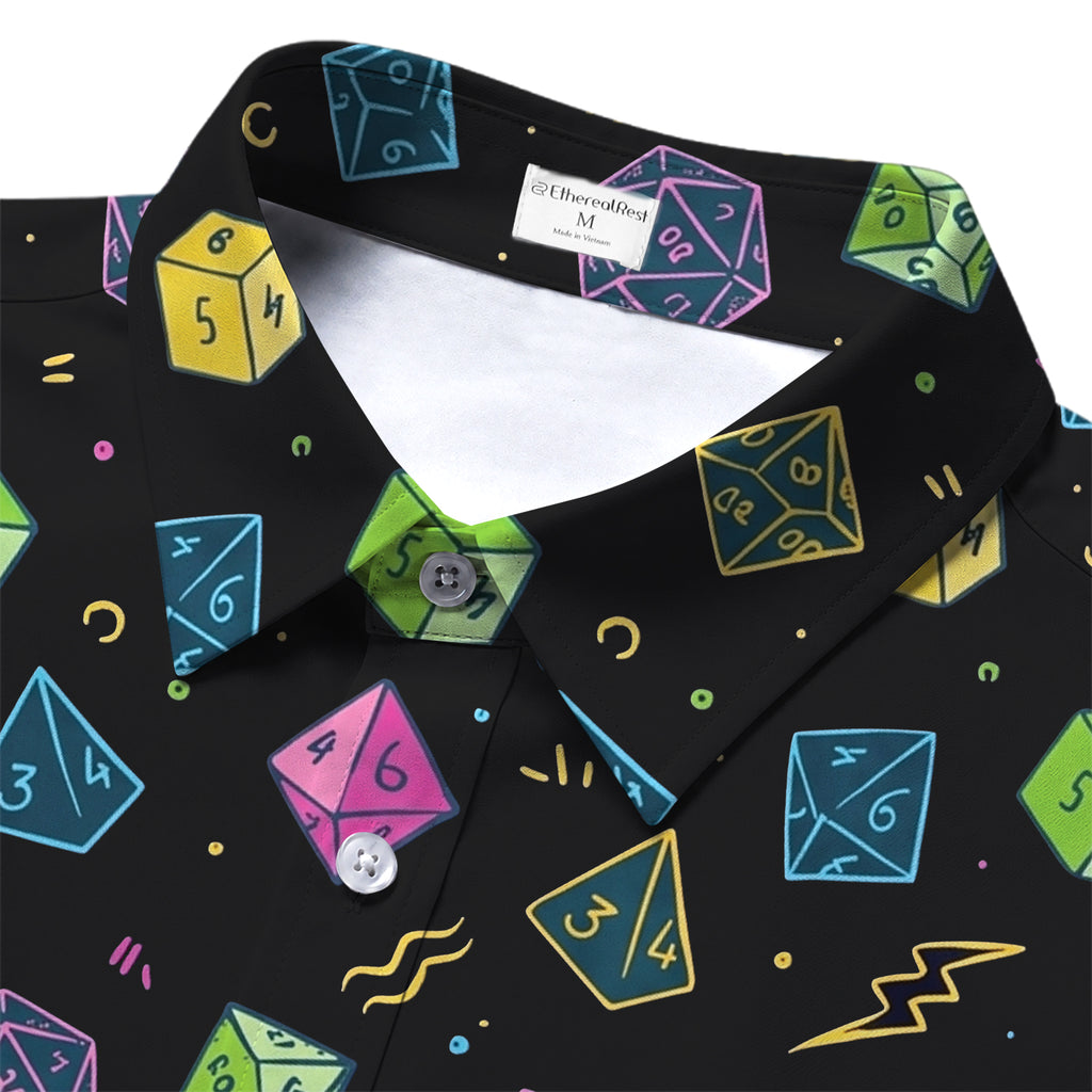 Men’s Black Multicolor Polyhedral Dice Short Sleeve Button-Up Shirt