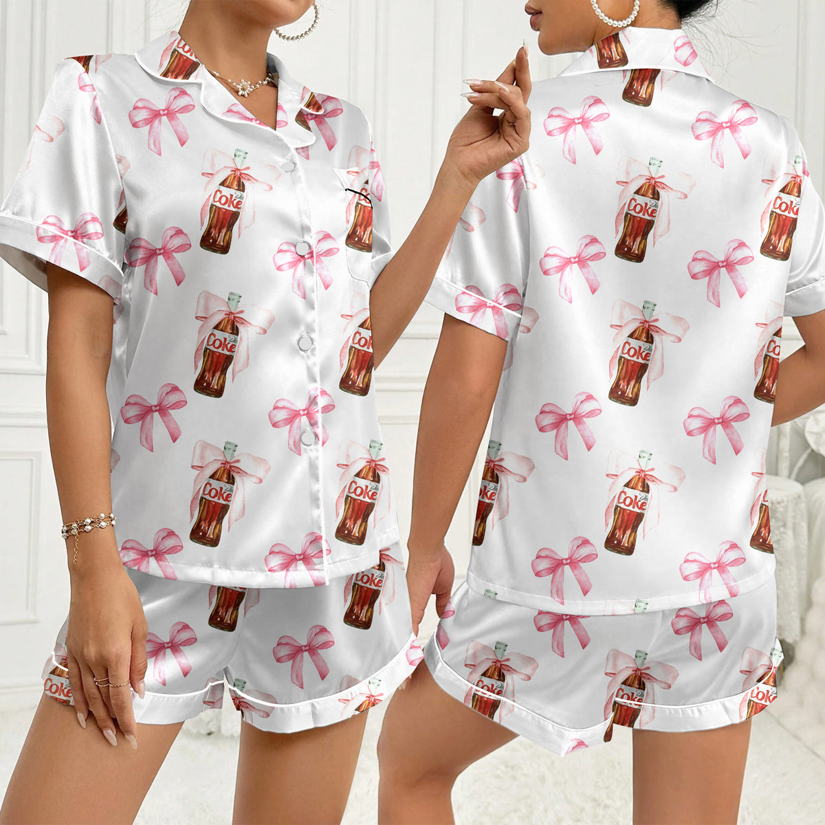 Women’s Diet Coke Bottle and Bow Pattern Short Sleeve Pajama Set