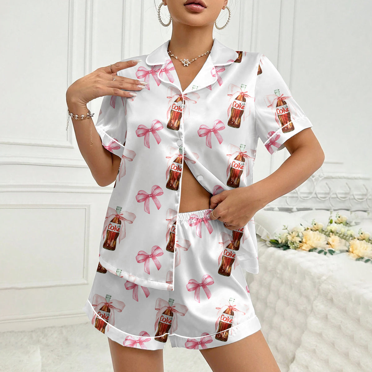 Women’s Diet Coke Bottle and Bow Pattern Short Sleeve Pajama Set