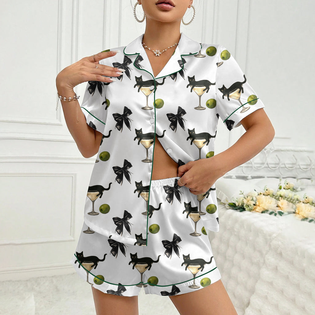 Women’s Black Cat Martini Satin Pajama Set
