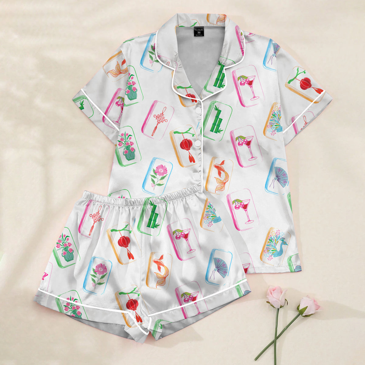Women’s Mahjong Tile Satin Pajama Set