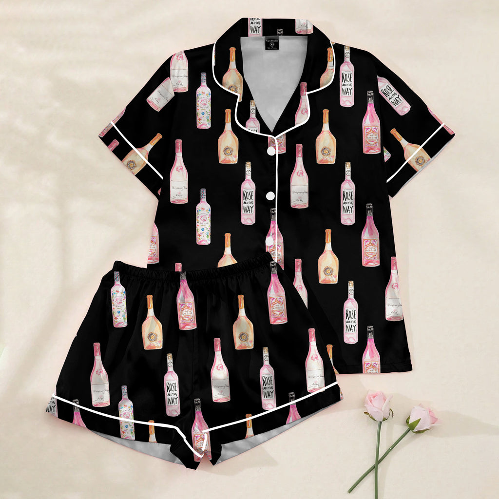 Women’s Rosé Wine Bottles Satin Pajama Set