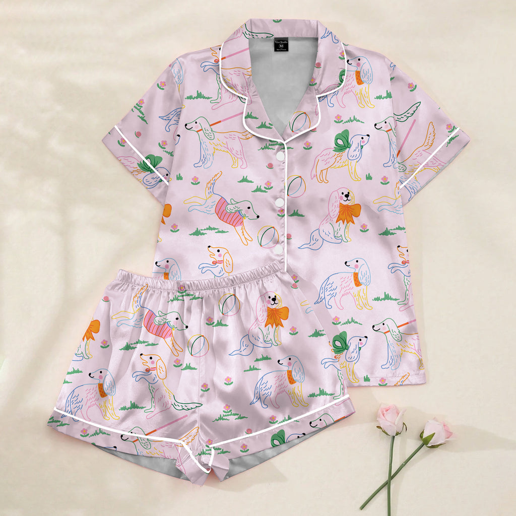 Women’s Playful Dog and Bow Pattern Short Sleeve Pajama Set