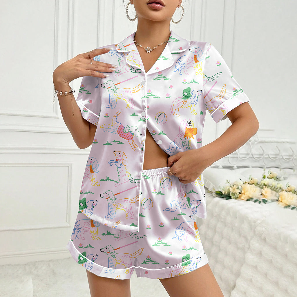 Women’s Playful Dog and Bow Pattern Short Sleeve Pajama Set
