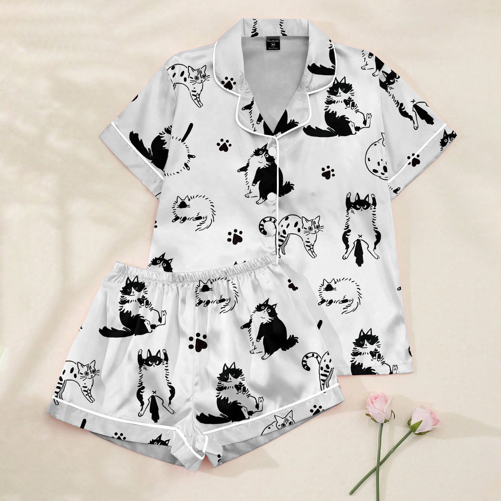 Women’s Cartoon Cat and Paw Print Short Sleeve Pajama Set