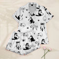 Women’s Cartoon Cat and Paw Print Short Sleeve Pajama Set