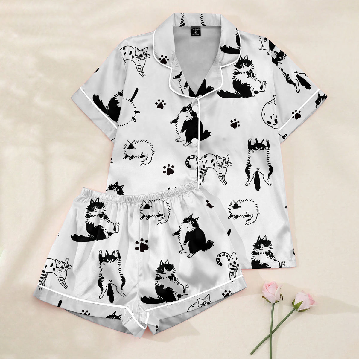 Women’s Cartoon Cat and Paw Print Short Sleeve Pajama Set