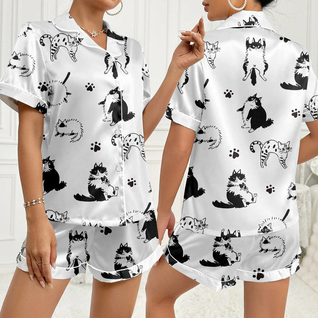 Women’s Cartoon Cat and Paw Print Short Sleeve Pajama Set
