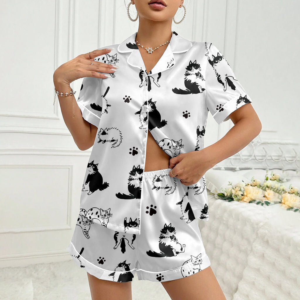 Women’s Cartoon Cat and Paw Print Short Sleeve Pajama Set