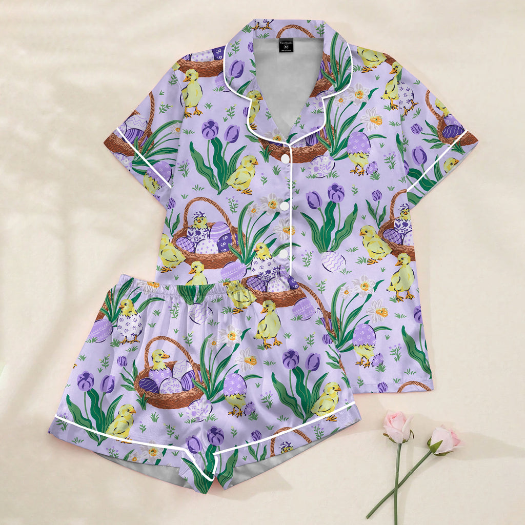 Women’s Lavender Easter Chick Satin Pajama Set
