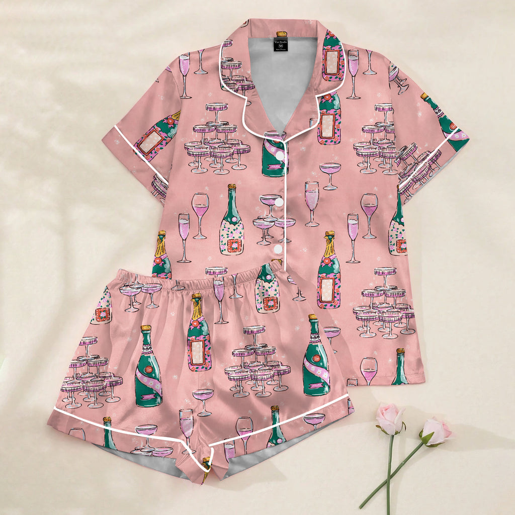 Women’s Pink Champagne Print Satin Pajama Set