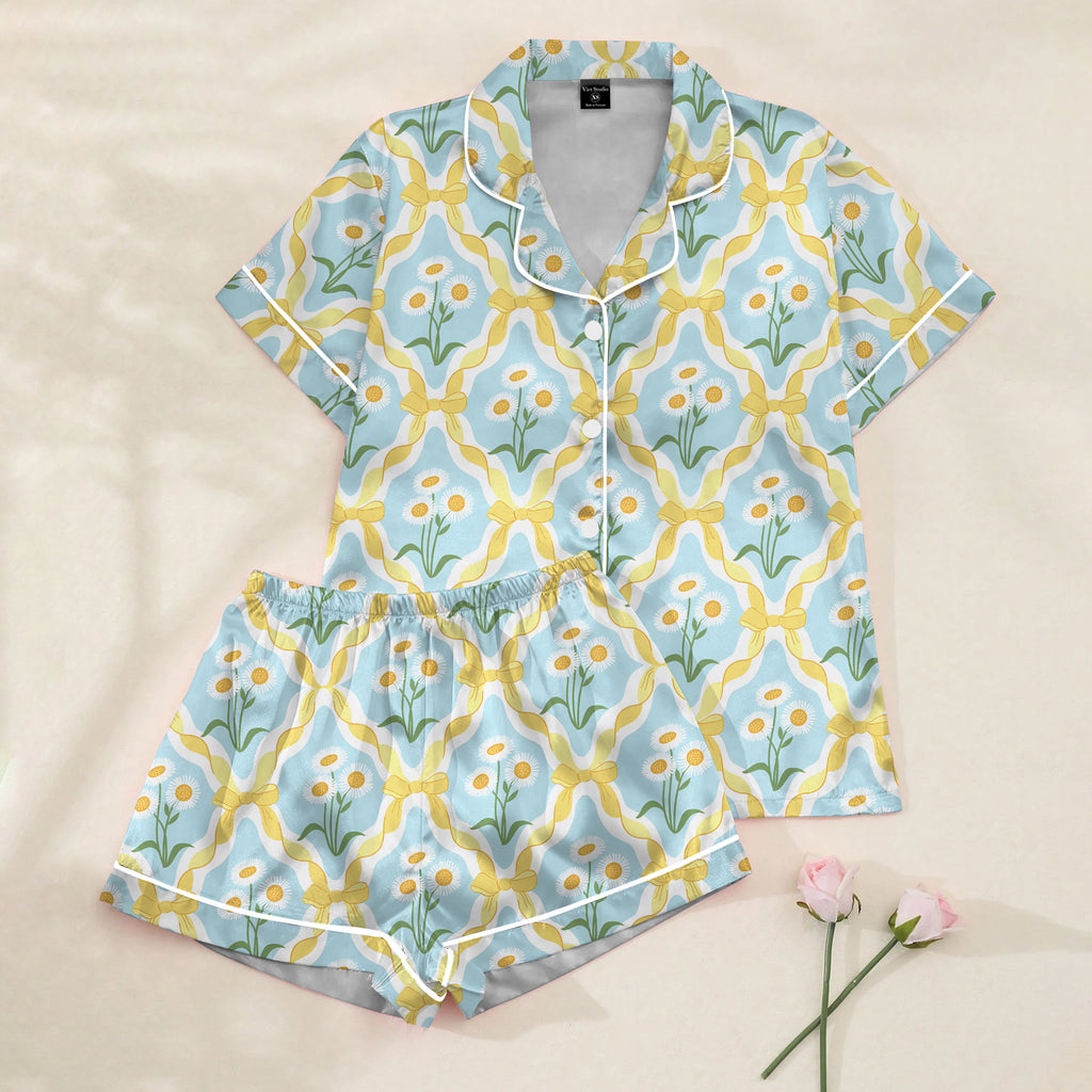 Women’s Light Blue Daisy & Bow Satin Pajama Set
