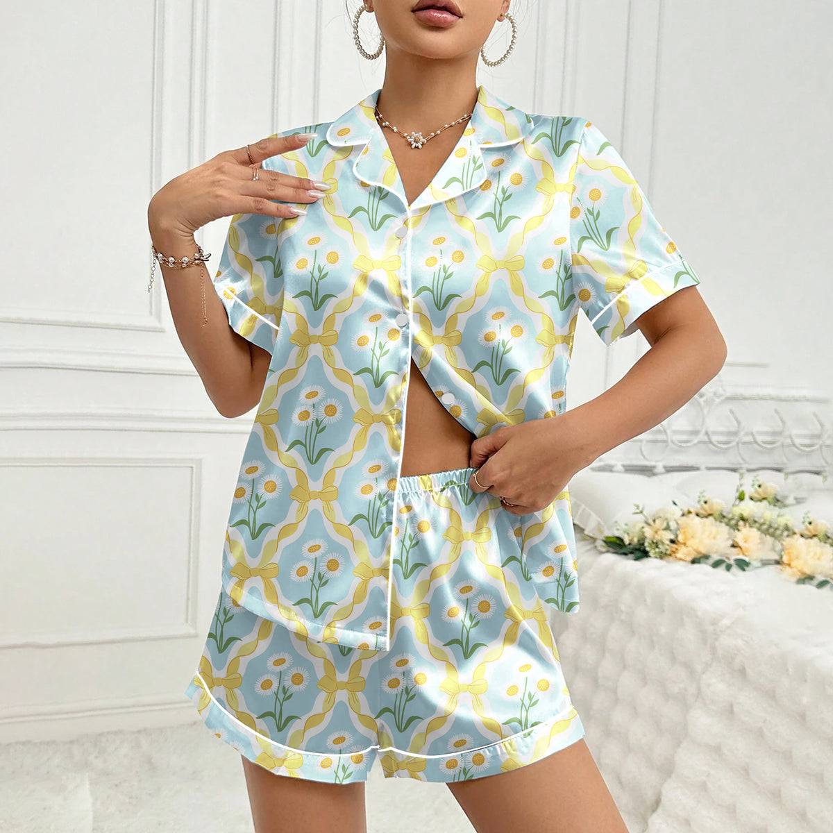 Women’s Light Blue Daisy & Bow Satin Pajama Set