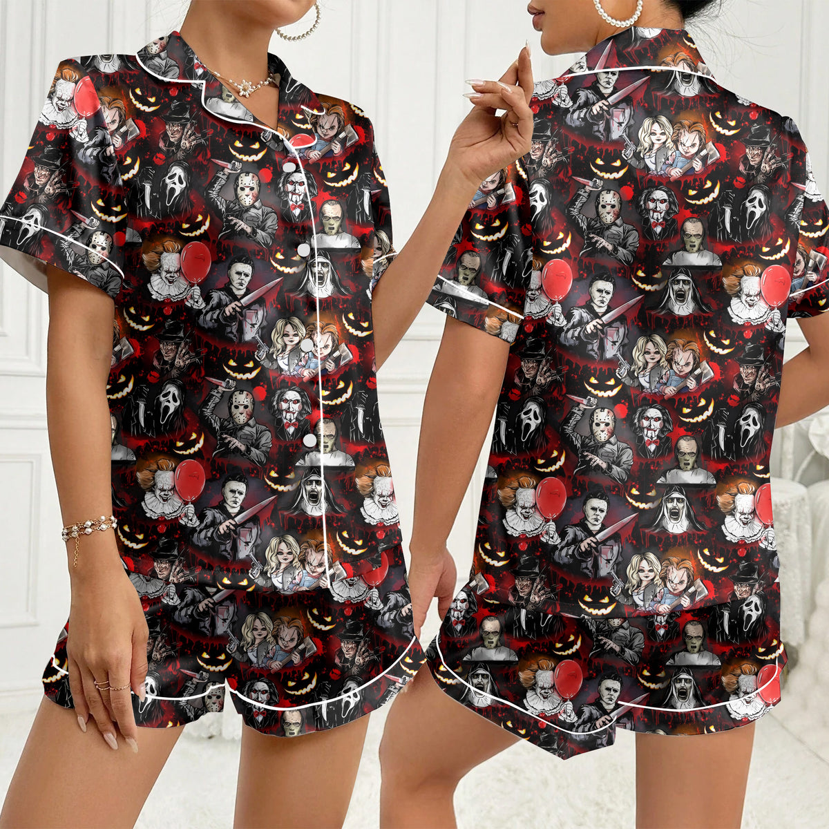 Women’s Black & Red Horror Character Satin Pajama Set