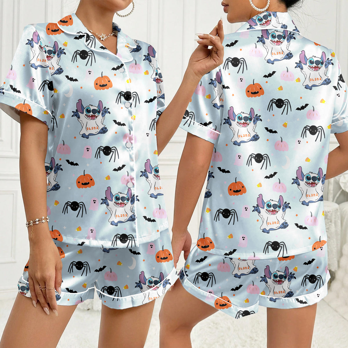 Women’s Light Blue Stitch Halloween Satin Pajama Set