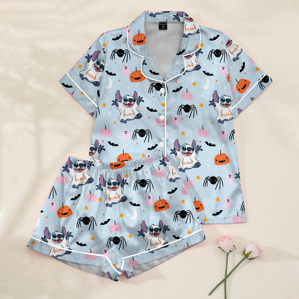 Women’s Light Blue Stitch Halloween Satin Pajama Set