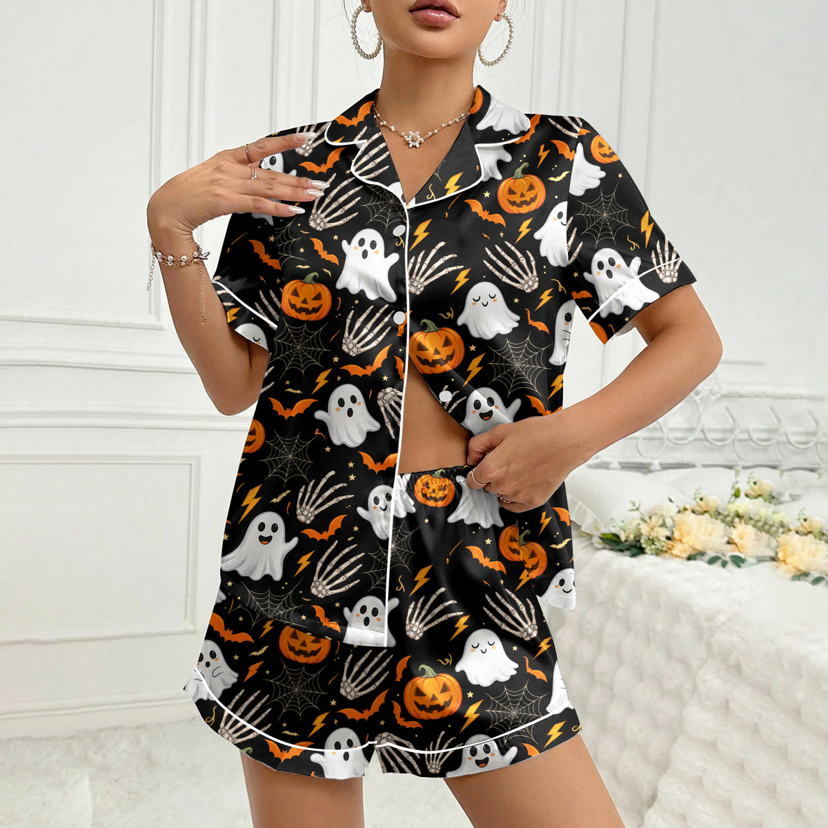 Women’s Black Halloween Ghost & Pumpkin Satin Pajama Set