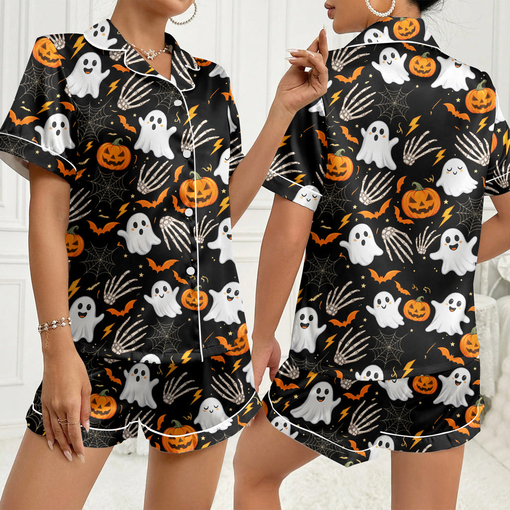 Women’s Black Halloween Ghost & Pumpkin Satin Pajama Set