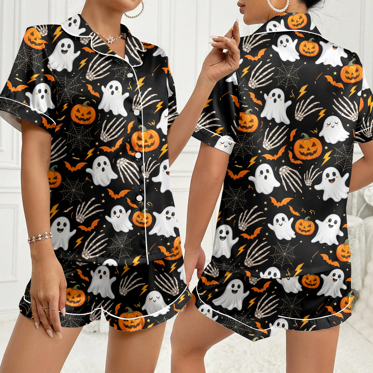 Women’s Black Halloween Ghost & Pumpkin Satin Pajama Set