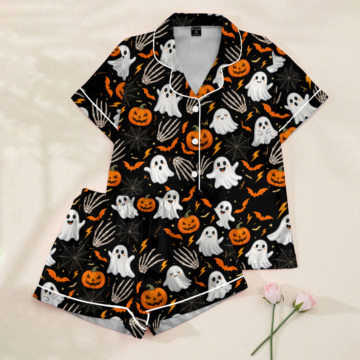 Women’s Black Halloween Ghost & Pumpkin Satin Pajama Set
