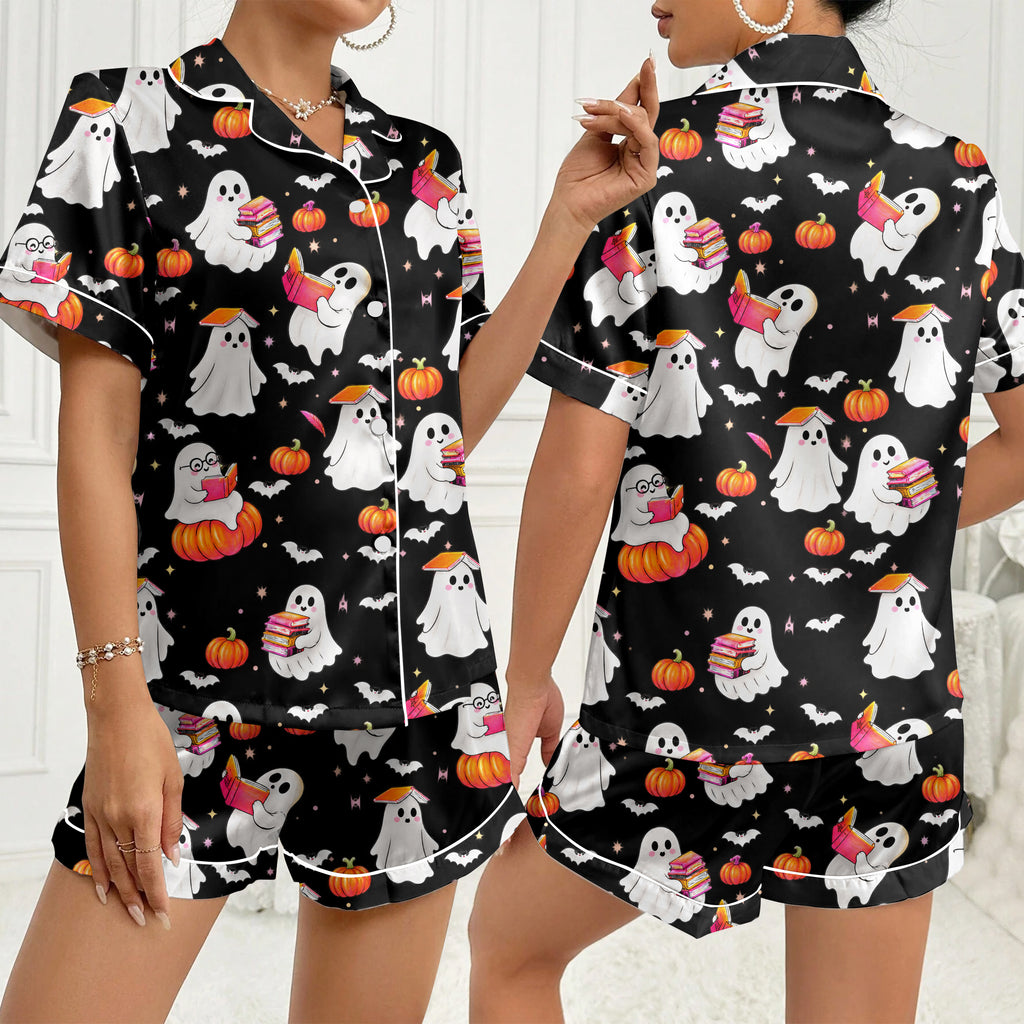 Women’s Halloween Reading Ghost Pattern Short Sleeve Pajama Set
