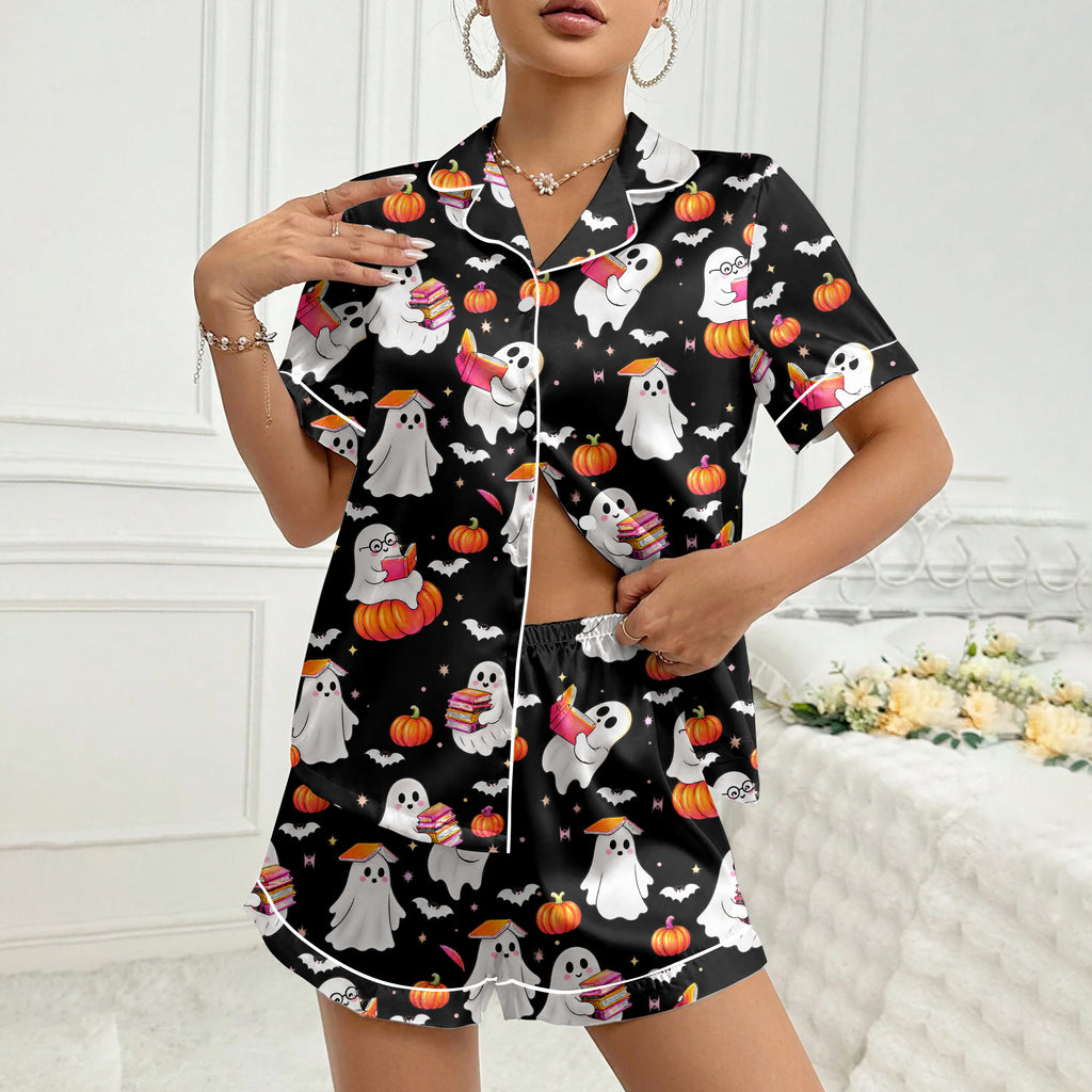 Women’s Halloween Reading Ghost Pattern Short Sleeve Pajama Set