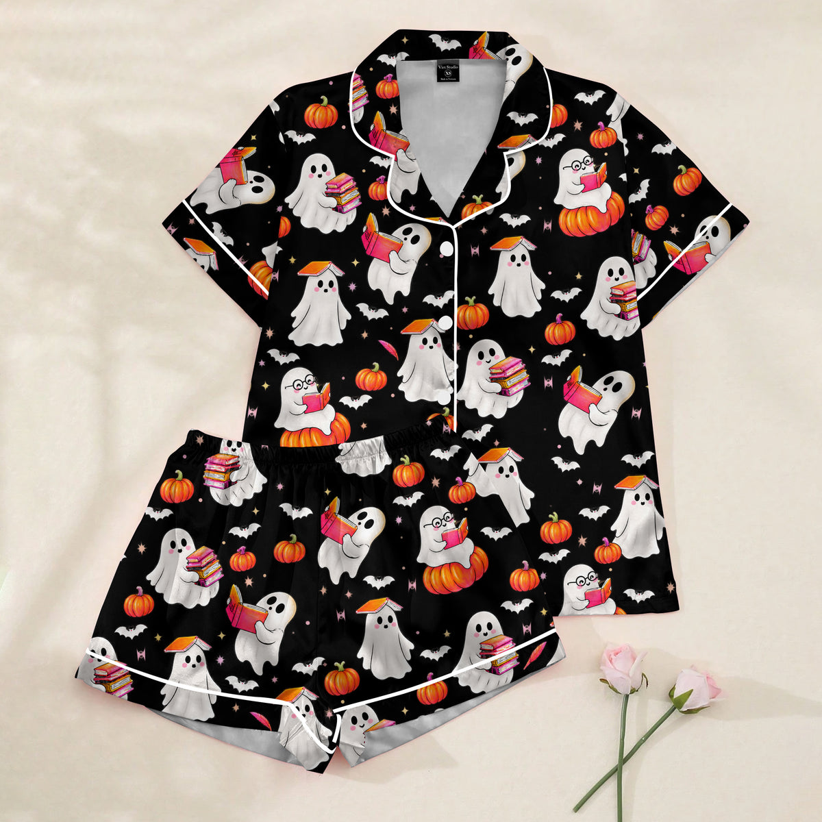 Women’s Halloween Reading Ghost Pattern Short Sleeve Pajama Set