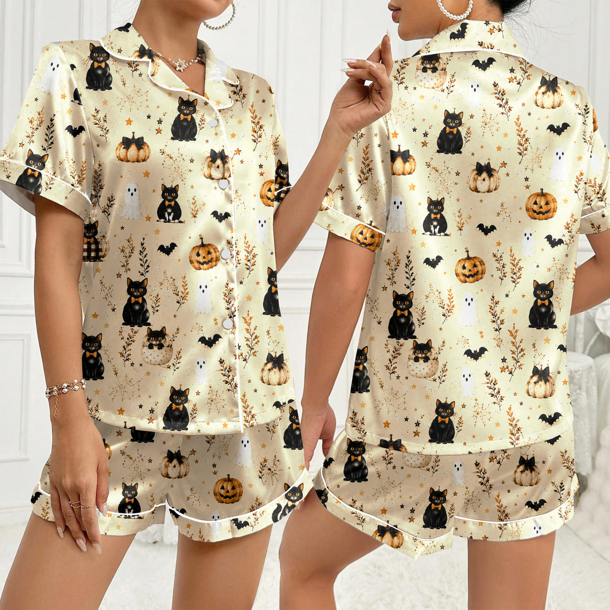 Women’s Beige Halloween Black Cat Satin Pajama Set