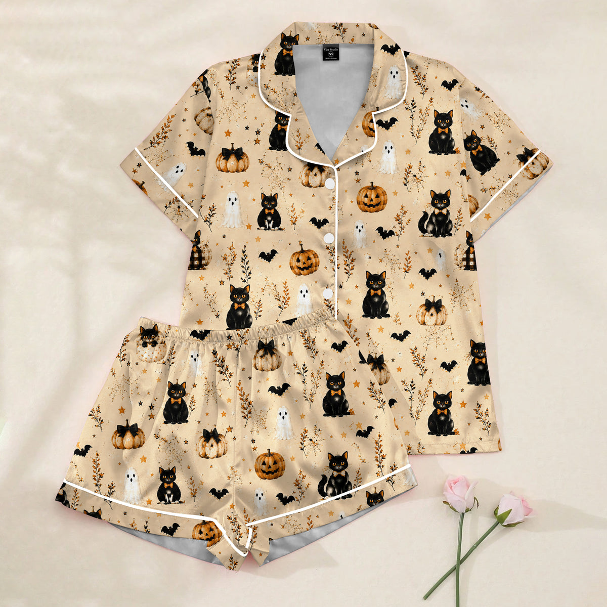 Women’s Beige Halloween Black Cat Satin Pajama Set